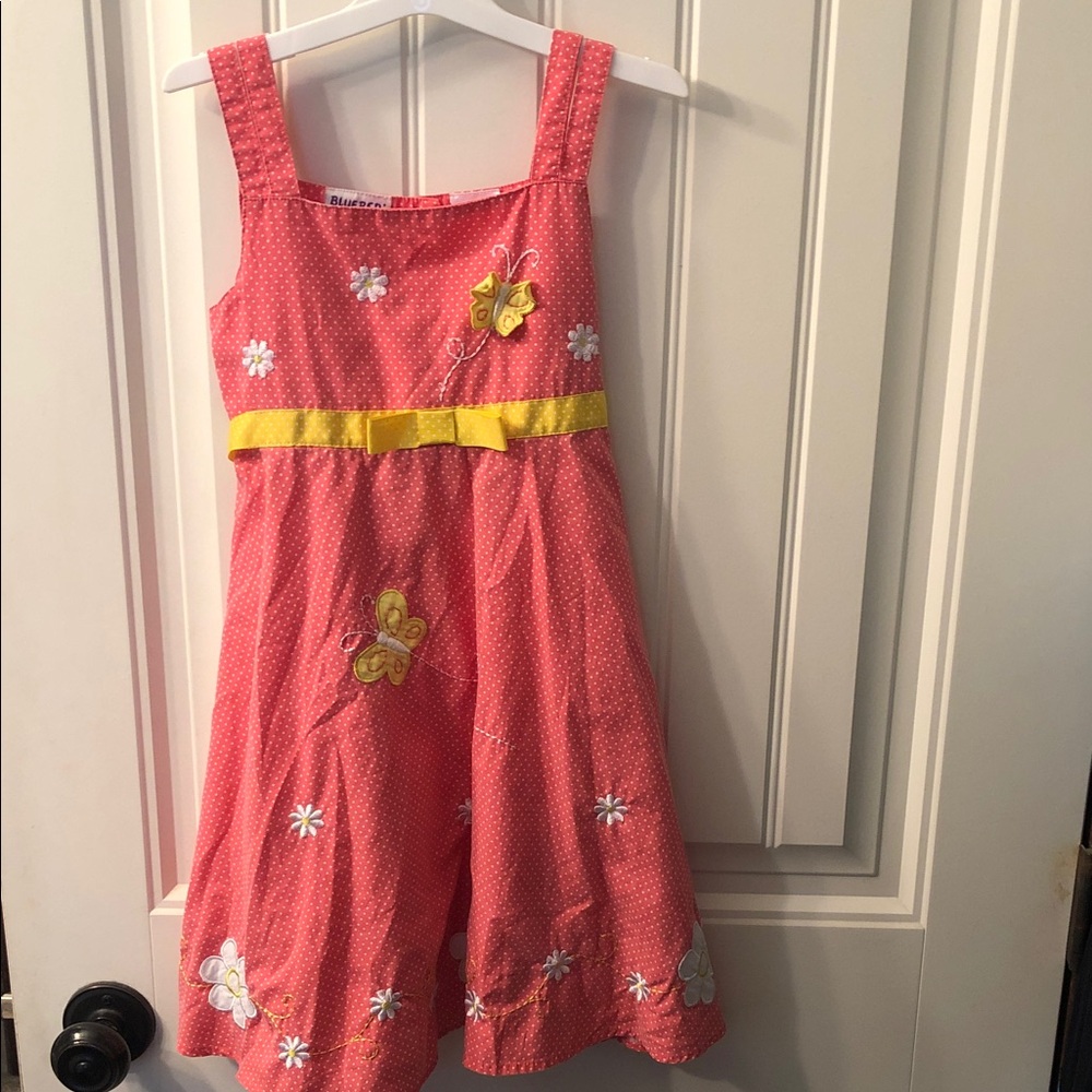Blueberi Boulevard Pink Polka Dot Dress with Yellow Bow & Butterfly Appliqués